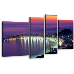 City Beach Canvas Wall Art, Purple Rio de Janeiro Ocean 4 Piece Canvas Set, Orange Sky Copacabana Beach Canvas Print