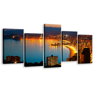 City Beach Wall Art, Blue Benidorm Nightscape Panoramic Multi Canvas, Yellow Radiant Coastline and Cityscape 5 Piece Canvas Print
