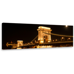 City Bridge Canvas Print, Black Budapest Hungary Danube River Canvas Art, Gold Széchenyi Chain Bridge Panoramic Wall Art
