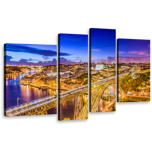 City Bridge Canvas Print, Portugal Yellow Dom Luis Canvas Multi-panel Art, Blue Sky Douro River 4 Piece Wall Art
