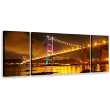 Load image into Gallery viewer, City Bridge Canvas Print, Purple Green Tsing Ma Bridge's Nighttime Majesty Wall Art, Hong Kong Yellow City Light Triptych Multi Canvas
