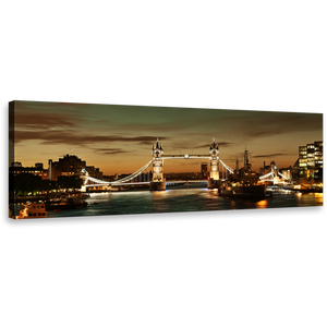 City Bridge Canvas Print, Yellow Tower Bridge Panoramic Canvas Wall Art, James River London Canvas Artwork, Brown Cityscape Wide Canvas