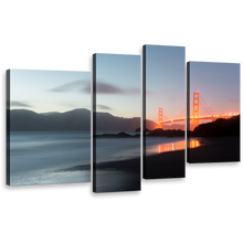 Load image into Gallery viewer, City Bridge Canvas Wall Art, Amazing Orange San Francisco Bridge 4 Piece Canvas, Gold Gate Grey Dusk Canvas Print
