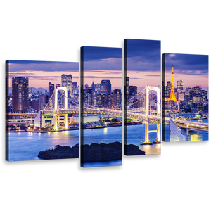 City Bridge Canvas Wall Art, Gold Rainbow Tokyo Skyline Night 4 Piece Canvas, Tokyo Bay Blue Harbor Canvas Print