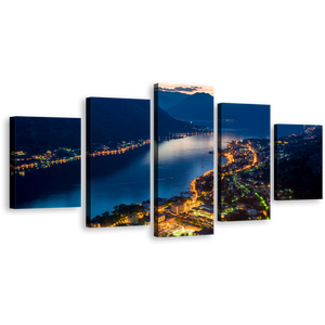 City Mountains Canvas Wall Art, Boka Kotorska Bay Multi Canvas, Blue Montenegro Mountains 5 Piece Multi Canvas Artwork, Bay of Kotor Yellow City Canvas Print