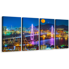 Load image into Gallery viewer, City Mountains Canvas Wall Art, South Korea Colorful Cityscape Bridge Multi Canvas Artwork, Bridge in Busan Port 4 Piece Canvas Print
