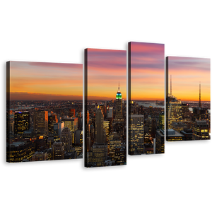 City Skyline Canvas Print, Grey New York City Multi Canvas, Beautiful Manhattan 4 Piece Canvas Wall Art, Canada City Lights Yellow Sky Canvas Set