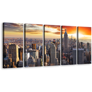 City Skyline Canvas Wall Art, Empire State Building Canvas Set, Grey New York Cityscape Canvas Print, Beautiful Manhattan Yellow Sunset Sky 5 Piece Canvas