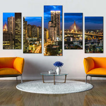 Load image into Gallery viewer, City Lights Canvas Wall Art Bangkok Blue Sky Cityscape 5 Piece Canvas Set Thailand Brown City Canvas Print For Living room
