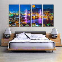 Load image into Gallery viewer, City Mountains Canvas Wall Art South Korea Colorful Cityscape Bridge Multi Canvas Artwork Bridge in Busan Port 4 Piece Canvas Print For Your Bedroom
