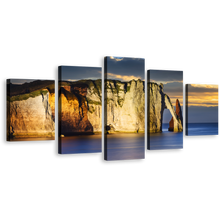 Load image into Gallery viewer, Cliff Beach Canvas Print, Normandy France Yellow Ocean Mountains Canvas Wall Art, Blue Etretat Ocean 5 Piece Multi Canvas, Falaise d'Amont Cliff Canvas Set
