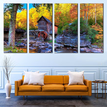 Load image into Gallery viewer, Clifftop Virginia Canvas Wall Art Yellow Trees Fall Mountain River Multi Canvas Old Grist Mill  4 Piece Canvas Green Babcock State Park Canvas For Living Room
