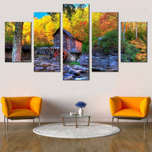 Load image into Gallery viewer, Clifftop  Virginia  Canvas  Wall  Art  Yellow  Trees  Fall  Mountain  River  Multi  Canvas  Old  Grist  Mill 5  Piece  Canvas  Green  Babcock  State  Park  Canvas For Living Room
