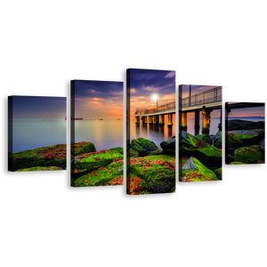 Cloudy Sunset Canvas Wall Art, Blue Sky Pier Seascape 5 Piece Multi Canvas Artwork, Sea Green Boulders Canvas Print