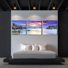 Load image into Gallery viewer, Cloudy Beach Canvas Wall Art Blue Sky Sea 3 Piece Canvas Print Brown Stony Beach Scenery Multi Canvas Artwork For Bedroom
