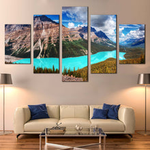 Load image into Gallery viewer, Cloudy  Sky  Canvas  Wall  Art  Canada  Banff  National  Park  Multi  Canvas  Alberta  Green  Trees  Canvas  Print  Blue  Peyto  Lake  Living  Room  5  Piece  Canvas In Living Room

