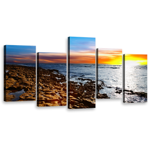 Coastal Horizon Wall Art, Tranquil Stony Beach Under Cloudy Sky Canvas Multi-panel Print, Orange Yellow Sunset Sea 5 Piece Canvas Set