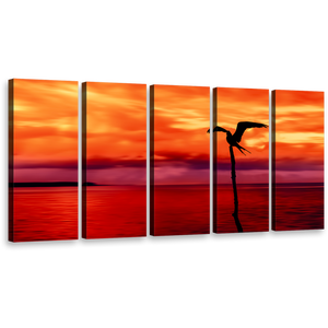 Coastal Tranquility Canvas Print, Tranquil Orange Sky Red Sea 5 Piece Multiple Canvas, Flying Bird Silhouette Wall Art