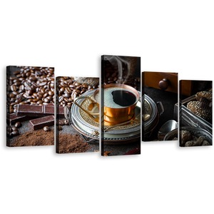 Coffee Background Canvas Wall Art, Black Coffee Canvas Print, Brown Coffee Beans Scene 5 Piece Multi Canvas
