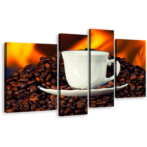 Coffee Beans Canvas Print, White Coffee Cup Saucer 4 Piece Canvas Wall Art, Brown Coffee Canvas Set