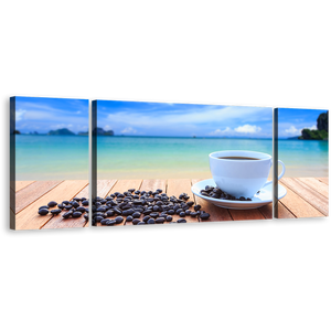 Coffee Beans Wall Art, Blue Ocean Clouds Multiple Canvas, White Cup 3 Piece Canvas Print