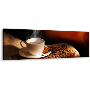 Coffee Beans Wall Art, Brown Cinnamon Sticks Canvas Print, White Cup Of Hot Coffee Panoramic Canvas Art