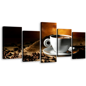 Coffee Cup Canvas Wall Art, White Cup Saucer Multiple Canvas, Brown Coffee Beans 5 Piece Canvas Print