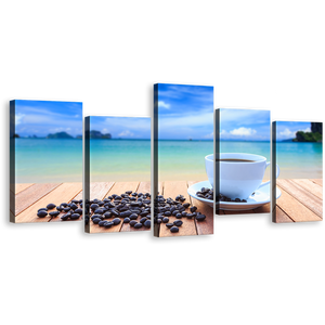 Coffee Ocean Canvas Print, Blue Ocean Sky Clouds Coffee Beans Multi Canvas, White Cup 5 Piece Wall Art