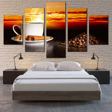 Load image into Gallery viewer, Coffee  Beans  Canvas  Wall  Art  Coffee  Cinnamon  Sticks  Canvas  Print  Cup  Saucer  Yellow  Sunset  5  Piece  Multi  Canvas  Artwork For Your Bedroom
