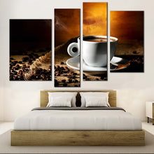 Load image into Gallery viewer, Coffee Cup Canvas Wall Art Brown Coffee Beans Canvas Print White Coffee Cup Saucer  4 Piece Canvas Artwork 
