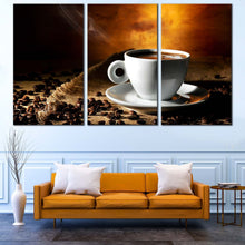 Load image into Gallery viewer, Coffee Cup Canvas Wall Art Brown Coffee Beans Canvas Print White Coffee Cup Saucer  3 Piece Canvas Artwork For Living Room
