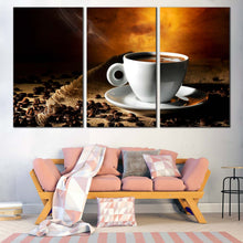 Load image into Gallery viewer, Coffee Cup Canvas Wall Art White Cup Saucer Multi Canvas Brown Coffee Beans  3 Piece Canvas Print In Living room
