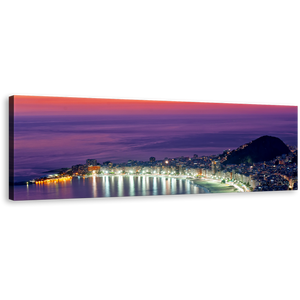 Copacabana Beach Canvas Print, Rio de Janeiro Orange Sky Wide Canvas, Purple Brazil Ocean City Beach 1 Piece Canvas Wall Art