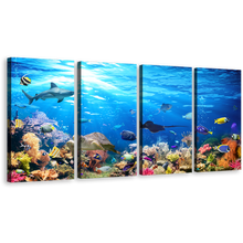 Load image into Gallery viewer, Coral Reef Canvas Print, Blue Underwater Scene 4 Piece Canvas Wall Art, Exotic Underwater Colorful Fish Canvas Set
