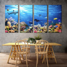 Load image into Gallery viewer, Coral Reef Canvas Print Blue Underwater Scene 4 Piece Canvas Wall Art Exotic Underwater Colorful Fish Canvas Set For Dining room
