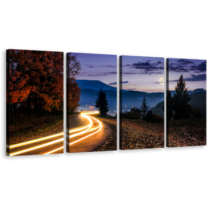 Countryside Road Canvas Print, Blue Mountains Landscape Trees Multi Canvas Artwork, Yellow Car Lights Trail 4 Piece Canvas Wall Art