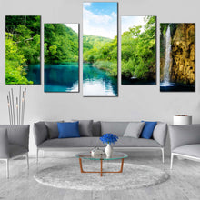 Load image into Gallery viewer, Croatia Forest Canvas Wall Art Blue Deep Waterfall Canvas Print Croatia Waterfall Canvas Set Green Forest Waterfall River  5 Piece Canvas For Living Room
