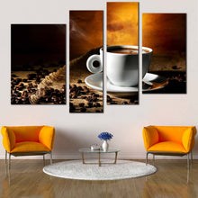 Load image into Gallery viewer, Cup Saucer Canvas Wall Art Brown Coffee Beans   4 Piece Canvas Multiple Canvas White Coffee Cup Canvas Print
