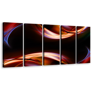 Curvy Waves Canvas Wall Art, Orange Abstract Patterns Multiple Canvas, Red Blue Modern Abstract 5 Piece Canvas Print