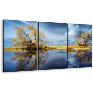 Dramatic Clouds Canvas Print, Green Trees Water Reflection Scenery 3 Piece Canvas Wall Art, Blue Sky Lake Scenery Split Canvas