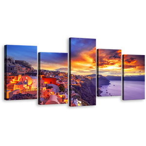 Dramatic Clouds Canvas Print, Oia Yellow Sunset Sky Santorini Island Multi Canvas, Purple Greece Houses 5 Piece Wall Art