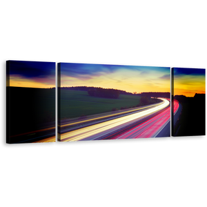 Dramatic Clouds Wall Art, Blue Sky Light Trail Canvas Set, Moving Red Yellow Car Lights 3 Piece Canvas Print