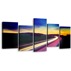 Dramatic Sky Canvas Print, Red Yellow Car Lights 5 Piece Canvas Multi-panel Print, Blue Sky Light Trail Wall Art