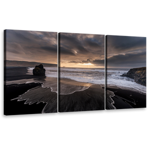 Dramatic Sky Canvas Wall Art, Ocean Beach Black Sand Multiple Canvas, Yellow Cloudy Sunset Sky Triptych Canvas Print, Grey Reynisfjara Beach 3 Piece Canvas