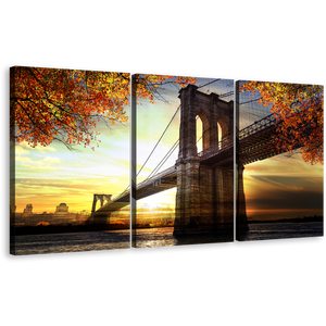 Dramatic Sunset Canvas Print, Beautiful Brown Brooklyn Bridge 3 Piece Canvas, Yellow New York City Sky Triptych Canvas Wall Art
