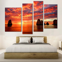 Load image into Gallery viewer, Dramatic Clouds Canvas Print Orange Sea Ocean Rocks Boulders  4 Piece Canvas Wall Art Yellow Cliffs Ocean Sunset Sky Multi Canvas
