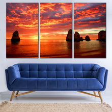 Load image into Gallery viewer, Dramatic Clouds Canvas Print Orange Sea Ocean Rocks Boulders  3 Piece CanvasWall Art Yellow Cliffs Ocean Sunset Sky Canvas Set For Living Room
