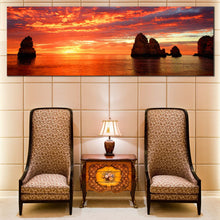 Load image into Gallery viewer, Dramatic  Clouds  Canvas  Print  Orange  Sea  Ocean  Rocks  Boulders  Living  Room  Panoramic  Canvas  Wall  Art  Yellow  Cliffs  Ocean  Sunset  Sky  Wide  Canvas For Living Room

