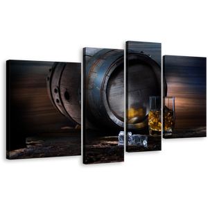 Drink Glass Canvas Wall Art, Yellow Whisky On The Rocks 4 Piece Multi Panel Canvas, Brown Barrel Ice Cubes Canvas Print