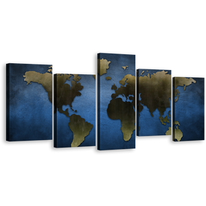Earth Map Canvas Wall Art, Grey World Map Blue Background 5 Piece Canvas Print